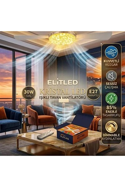 ÖZ 3'lü Paket Kristal LED Işıklı Tavan Vantilatörü 6 Kanatlı Kumandalı 30W E2...
