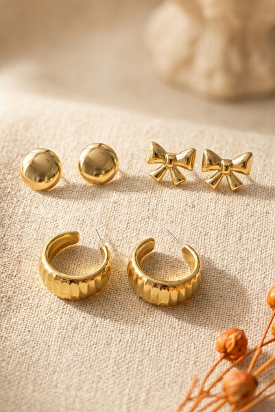 Elika Silver Bow, Hoop and Round Models Triple Gold Color Earring Set