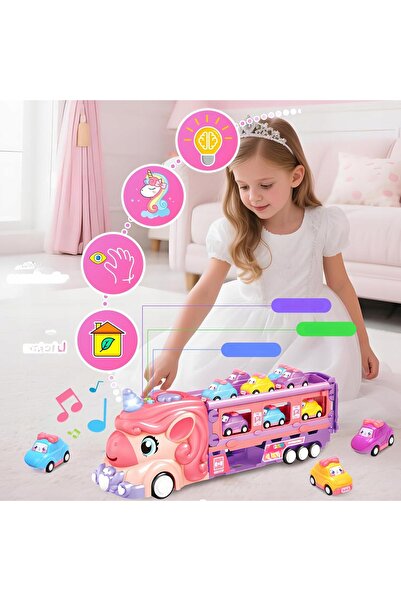 NO BRAND Transportor de mașini unicorn cu LED-uri, jucărie cu pistă și camion