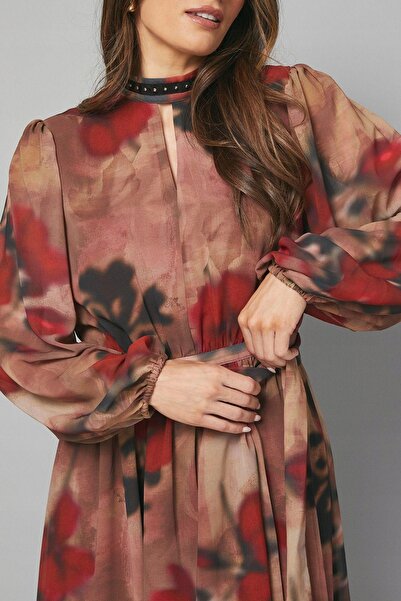 NO BRAND Rochie multicoloră cu imprimeu, mâneci lungi, guler decorat Wallis 42