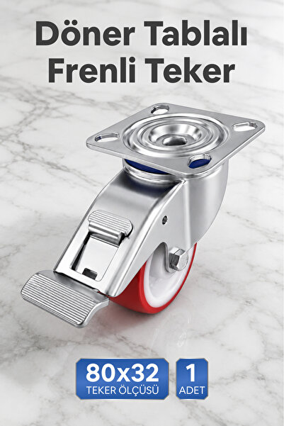 Badem10 Poliamid Döner Tablalı Frenli Teker 1 Adet 80x32 mm Kırmızı Sanayi Ti...