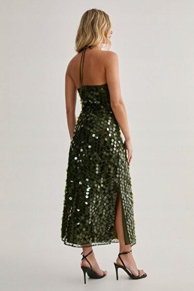 NO BRAND Rochie lungă verde închisă, strălucitoare, cu umerii goi, Gal 34