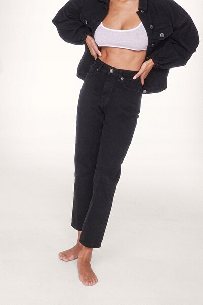 NO BRAND Pantaloni negri din bumbac, lungime 7/8, stil Mom Jeans, mărimea 36