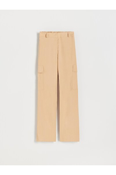 NO BRAND Pantaloni din pânză bej, croială dreaptă, cu buzunare lungi, tip car...
