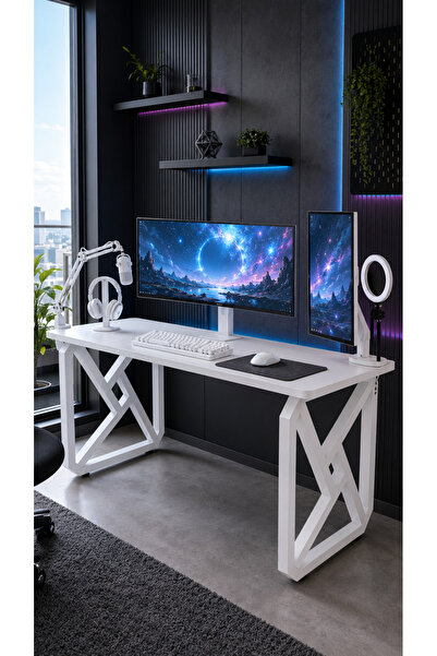 nünü home Beyaz Oyuncu Masası 140x60 cm Metal Ayaklı Gaming Bilgisayar Masası