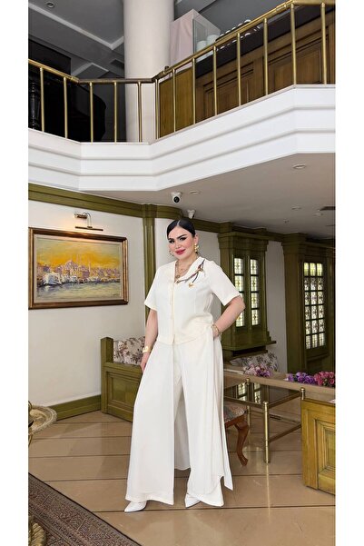 mardi exclusive Women's Plus Size Stylish Shirt and Pants Set with Stone Detail