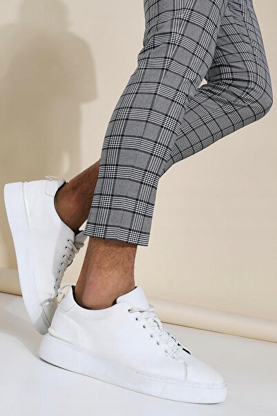 NO BRAND Pantaloni clasici gri, croială ajustată, lungime 7/8, model în carou...