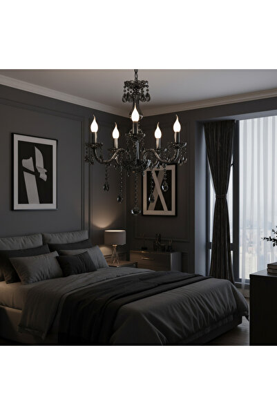 iTin Candelabru Cristal ALNWICK Eleganza, 5x E14, Diametru 48 cm, Negru, Înăl...