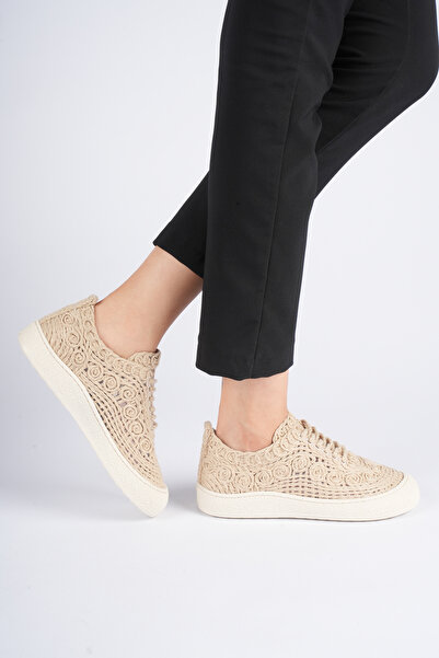 Naveris Kadın Bej Günlük El Örgüsü Özel Tasarım Rahat Sneaker