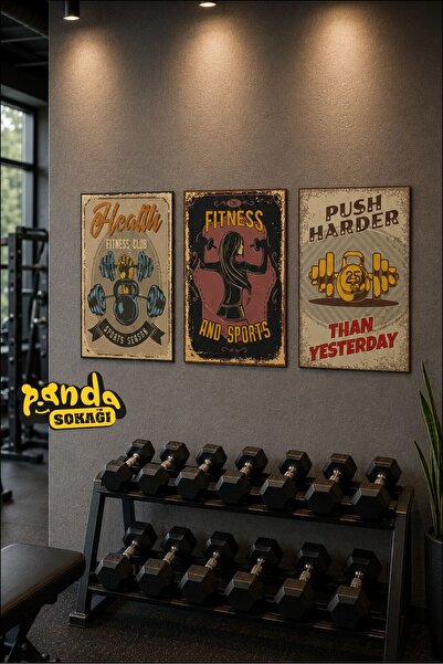 PANDA SOKAĞI 3'lü Spor & Fitness MDF UV Baskı Dekoratif Tablo Seti – Çerçeves...