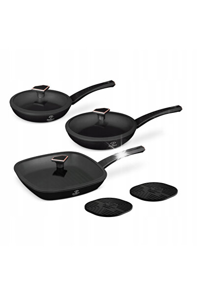 NO BRAND Set de 3 tigăi cu capac, Fashion Ftv-0050 Negru mat-aur roz