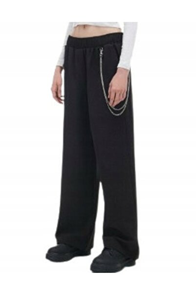 NO BRAND Pantaloni negri cu picior larg, croială dreaptă, lanț decorativ, cu ...