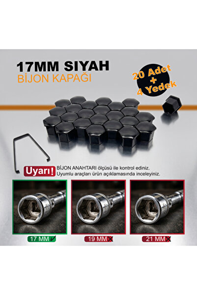 WPI 20 Adet + 4 Yedek Siyah Bijon Kapağı 17MM + Sökme Aparatı ( Peugeot - Cit...