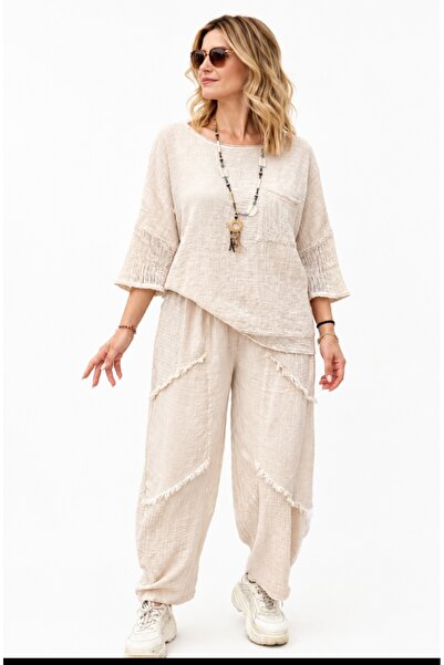 MARWARİ OTANTİK BUTİK Linen Mesh Pocket Blouse and Linen Tassel Trousers Comb...