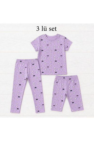 İncili Tekstil Girl's T-Shirt-Capri-Leggings Set of 3 Lilac Cat Patterned