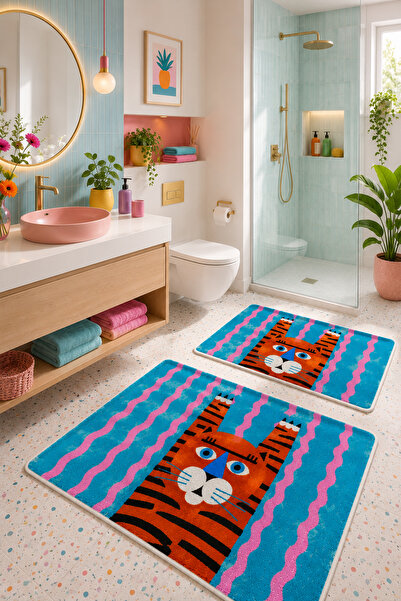 PINKIE HOME سجادة حمام رقمية مضادة للانزلاق وقابلة للغسل على شكل قطة برية، سج...