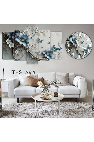 BellaaaModa Çiçekli Dekoratif Desenli Mdf Tablo 5 Parça Set ve Saatli Takım, ...