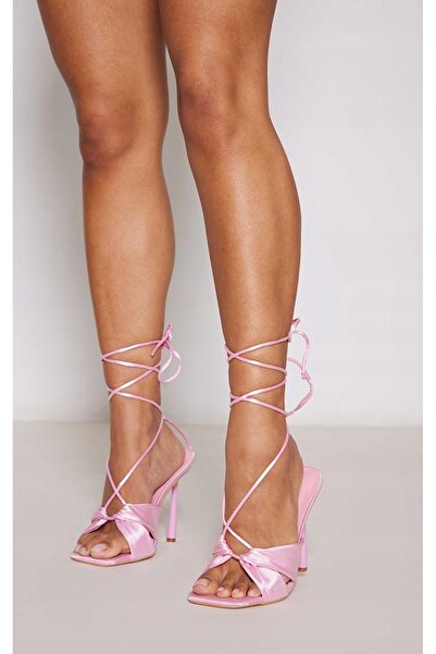 NO BRAND Sandale roz cu toc stiletto, cu șireturi, din satin, Plt 37