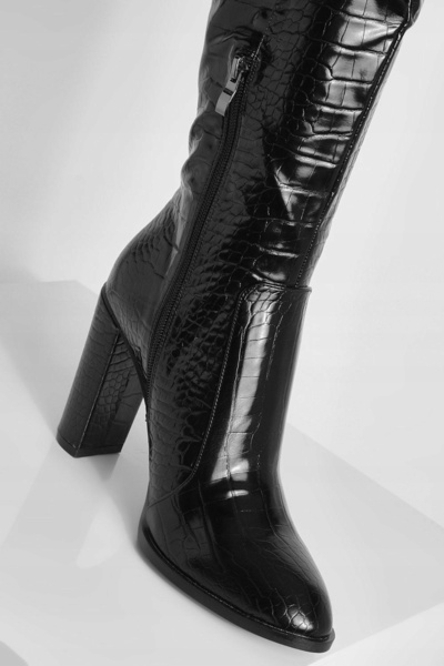 NO BRAND Cizme negre din piele lăcuită, cu model clasic de crocodil, din piel...