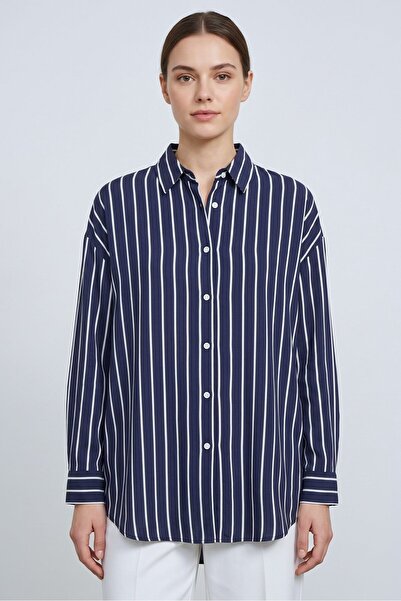 Saade Navy Blue Striped Oversize Fit Low Shoulder Boyfriend Cut Shirt
