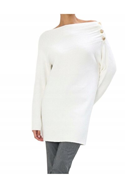 NO BRAND Rochie mini tricotată simplă albă, cu decolteu bărcuță și mânecă lun...
