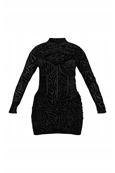NO BRAND Prettylittlething rochie mini neagră din catifea cu mânecă lungă 34