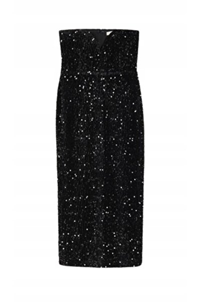 NO BRAND Rochie de seară midaxi neagră cu paiete, stil Bardot Glamour, mărime...