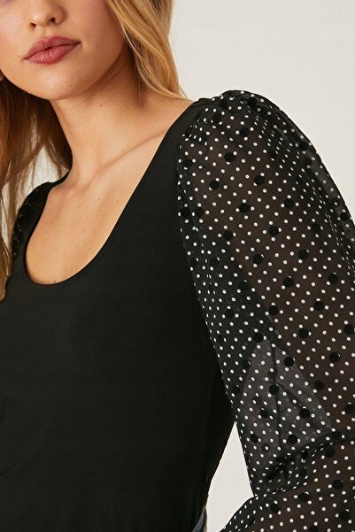 NO BRAND Bluză mulată neagră cu mâneci lungi și buline, Dorothy Perkins, mări...