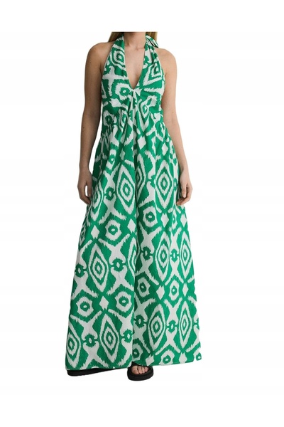 NO BRAND Rochie maxi supradimensionată alb-verde, cu imprimeu, cu spatele des...