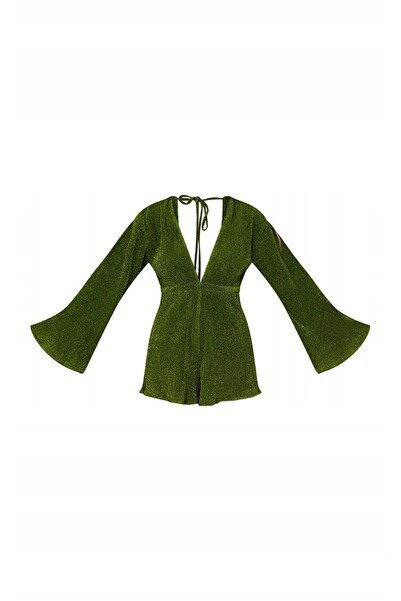 NO BRAND Prettylittlething Salopetă verde lucioasă cu dungi, cu mânecă lungă 32