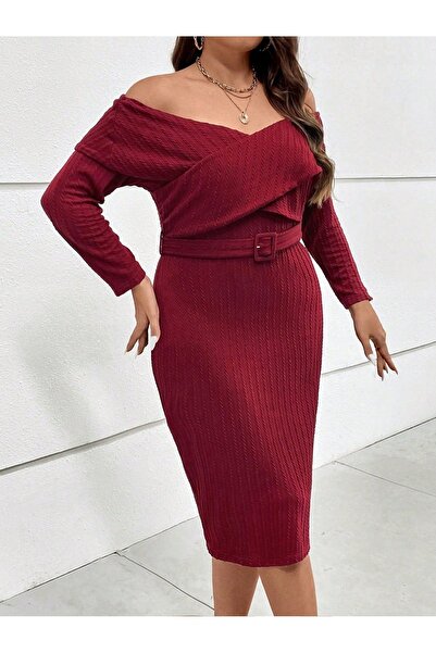 NO BRAND Rochie mulată texturată bordo, cu umerii goi, stil Bardot, Shein 46