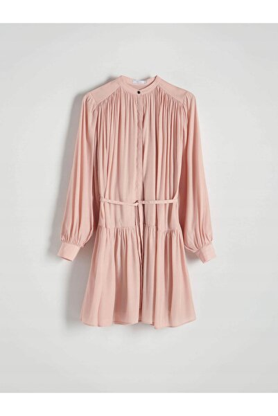 NO BRAND Rochie mini din satin neted roz, cu mânecă lungă, lejeră, clasică, m...
