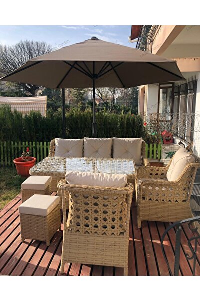 LAVİLLA GARDEN Kumsal 7 kişilik ( 3+1+1 Masa Puf 2 adet ) Rattan Örgü Bahçe T...