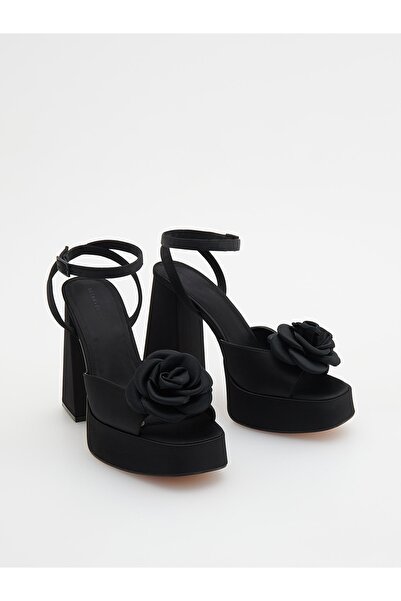 NO BRAND Sandale negre cu toc înalt și decorație din trandafir de satin 41