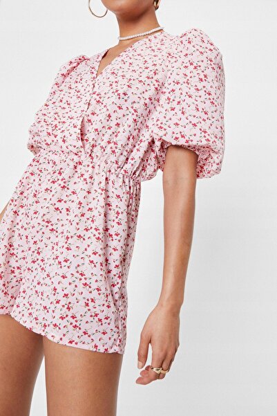 NO BRAND Salopetă scurtă clasică roz cu imprimeu floral, mărimea 38 Petite
