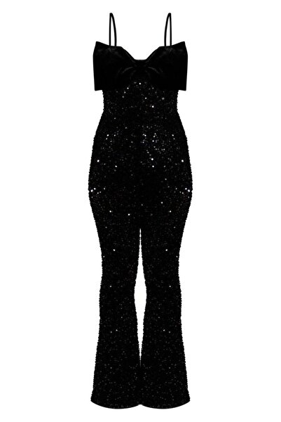 NO BRAND SALOPETĂ NEGRĂ LUNGĂ CU PAILETTE, CU BRETELE ȘI PANTALONI CLOPOT PRE...