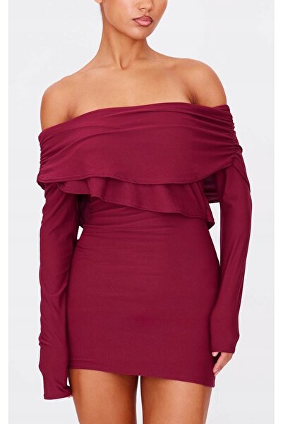 NO BRAND Rochie mini tip creion, bordo, spaniolă, uni, Prettylittlething 36