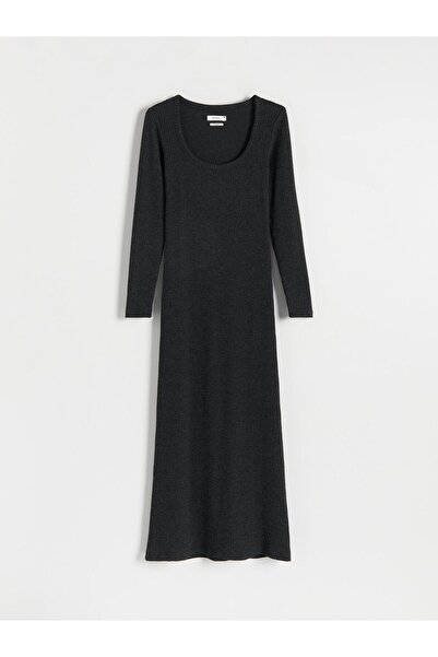 NO BRAND Rochie tricotată gri cu dungi, clasică, maxi, cu mânecă lungă, Reser...