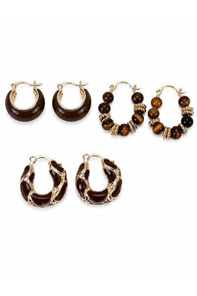 Nevara Women's Hoop Earrings Set - 3 Pairs (6 Pieces) Elegant Brown and Gold ...