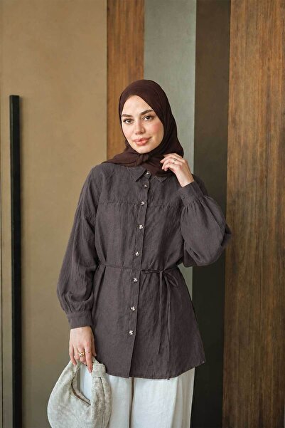 LOCCO Women's Front Hem Detail Waist Tie Shirt Light Brown