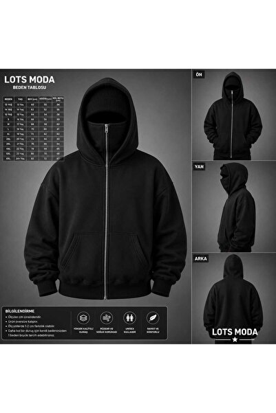 LOTS MODA Oversize Fermuarlı Kar Maskeli Hoodie – Unisex