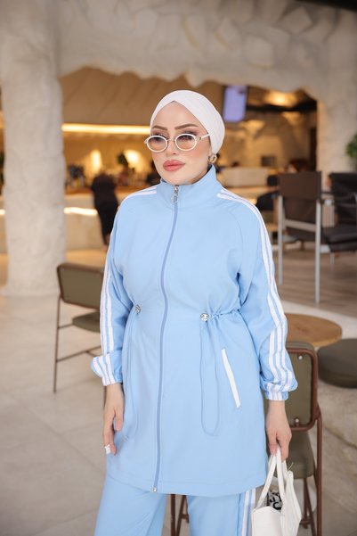 MİMİ Luxury Wear Women's Lace-Up Striped Sports Hijab Double Set |   Relaxed Fit Zippered Tunic and Pants Set