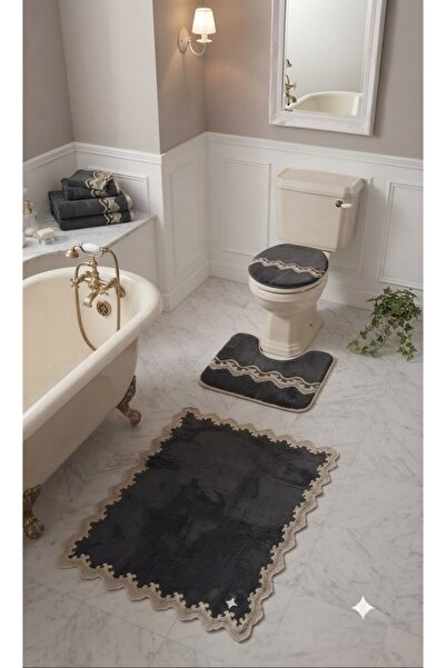 DECORA CASA HOME COLLECTİON طقم سجادة حمام مكون من 3 قطع بتفاصيل من الدانتيل،...