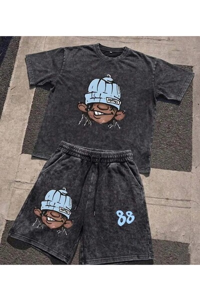 LAND MODA Street Hiphop Style Graphic T-Shirt and Shorts Set for Men, Stretch...