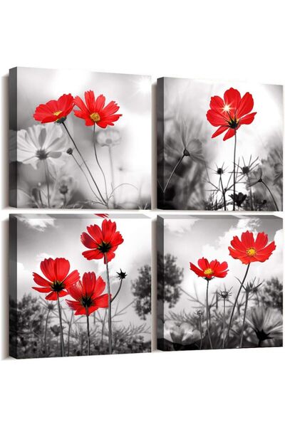 HOME MODE Red Cosmos Flower Black White Gallery Wrapped Canvas Wall Art 4 Pan...