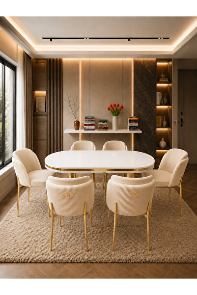 Concept Ayz Home Lara Gold Serisi Krem-Krem Kumaş 6 Kişilik 90×168 Oval Beyaz...