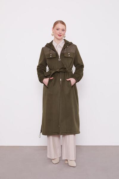 Levidor Khaki Waist-Tied Hooded Cashmere Coat