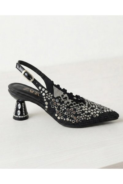 Enes Ayakkabıcılık Women's 7 cm Round Heeled Evening Dress Shoes with Stone Detail