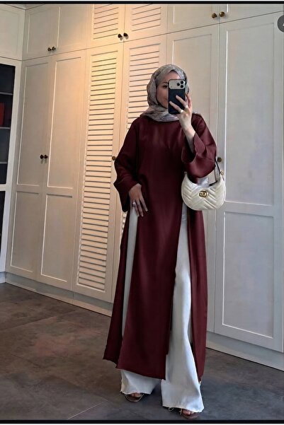 TrendParis Yırtmaç Detaylı Tensel Kumaş Uzun Tunik Siyah Bordo