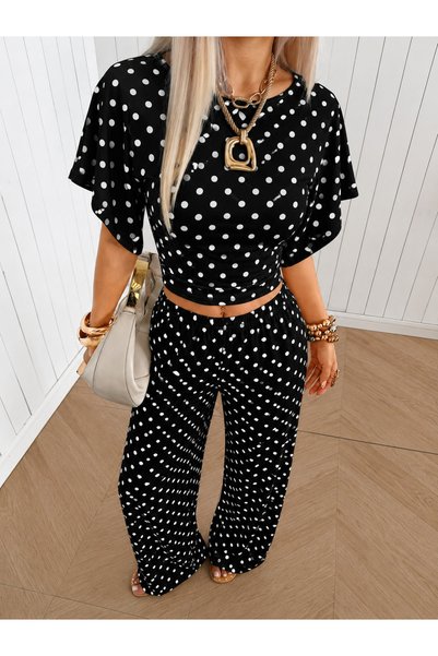 HIMMELDUF Women's Polka Dot Two-Piece Set Crop Blouse Wide-Leg Pants